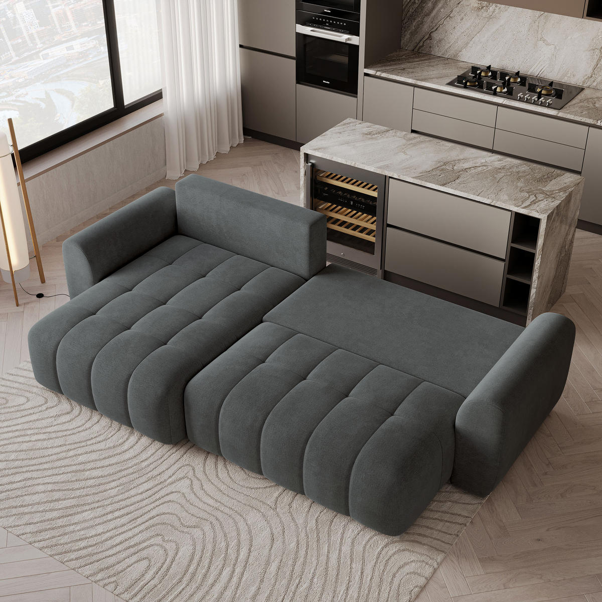 ECKSOFA MODARO CL Grau Samtstoff mit Schlaffunktion - Grau, Holzwerkstoff/Textil (285/148cm) - MASSENO