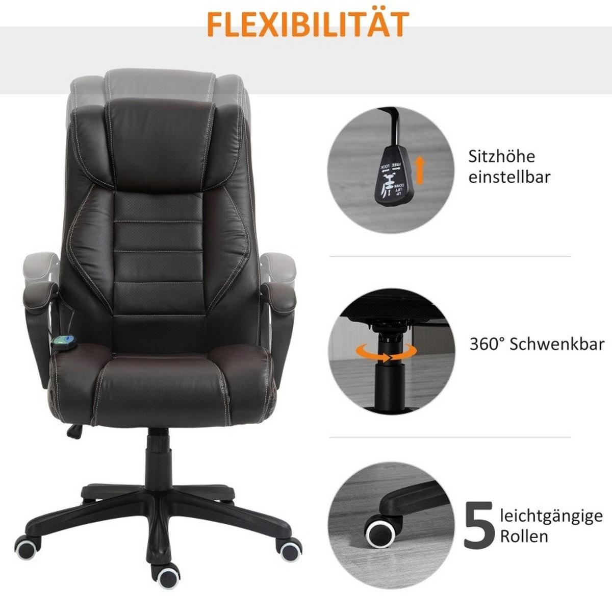 GAMINGSTUHL 64/112-120/74 cm Braun aus Bonded Leather mit 6-Punkte-Massagefunktion - Braun, Kunststoff (64/120/74cm) - OKMYHOME