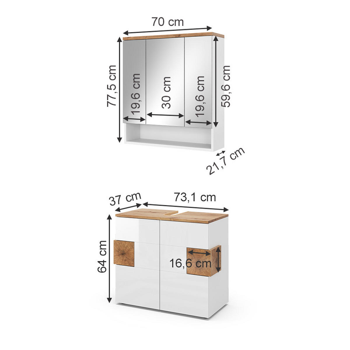 BADMÖBEL-SET Eden Weiß 2 Teile - Weiß/Eiche Artisan, Holzwerkstoff (73/64/37cm) - Vicco