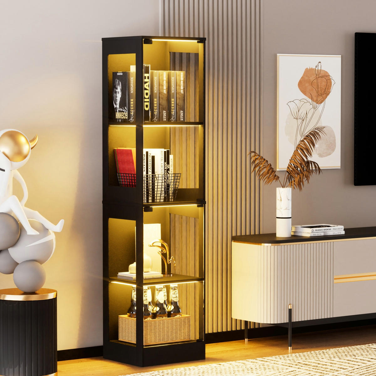 VITRINE mit LED-Beleuchtung 40 x 35 x 165 cm Acacia Wood - Schwarz, Holzwerkstoff (35/165/40cm) - Beauniv