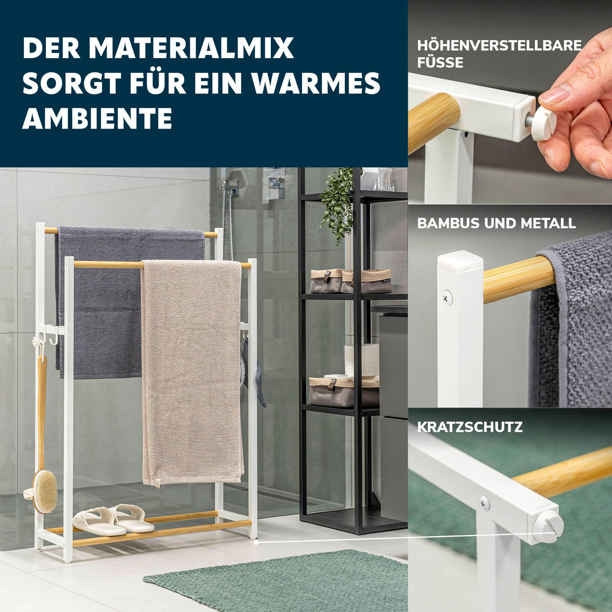 STAND-HANDTUCHHALTER, Metall, weiß - Weiß, Metall (65/96/21cm) - eluno