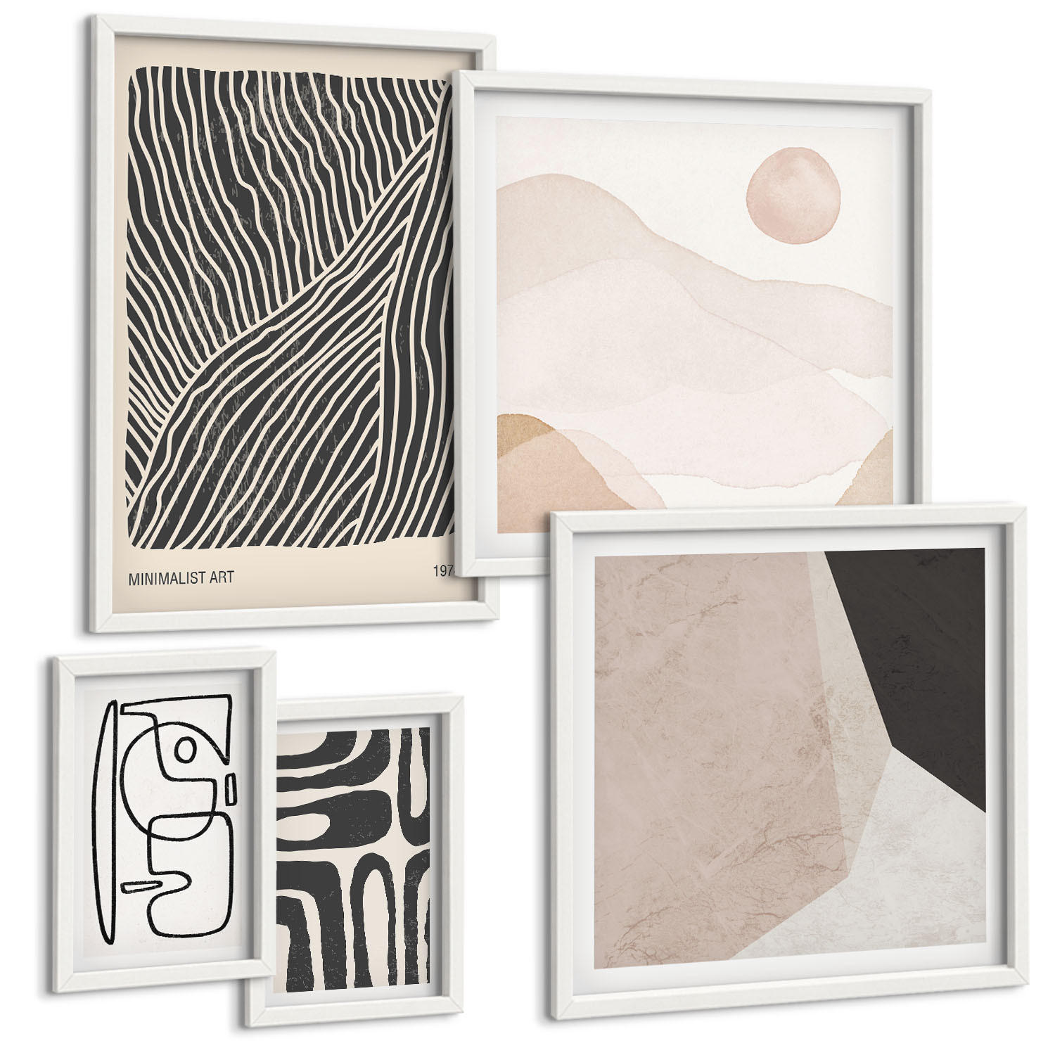 BILDER SET 5er Set - 50x50 cm & 20x30 cm & 40x60 cm Weißer Rahmen - Abstrakte Muster mit Linien - Weiß, Kunststoff (40/60cm) - TULUP