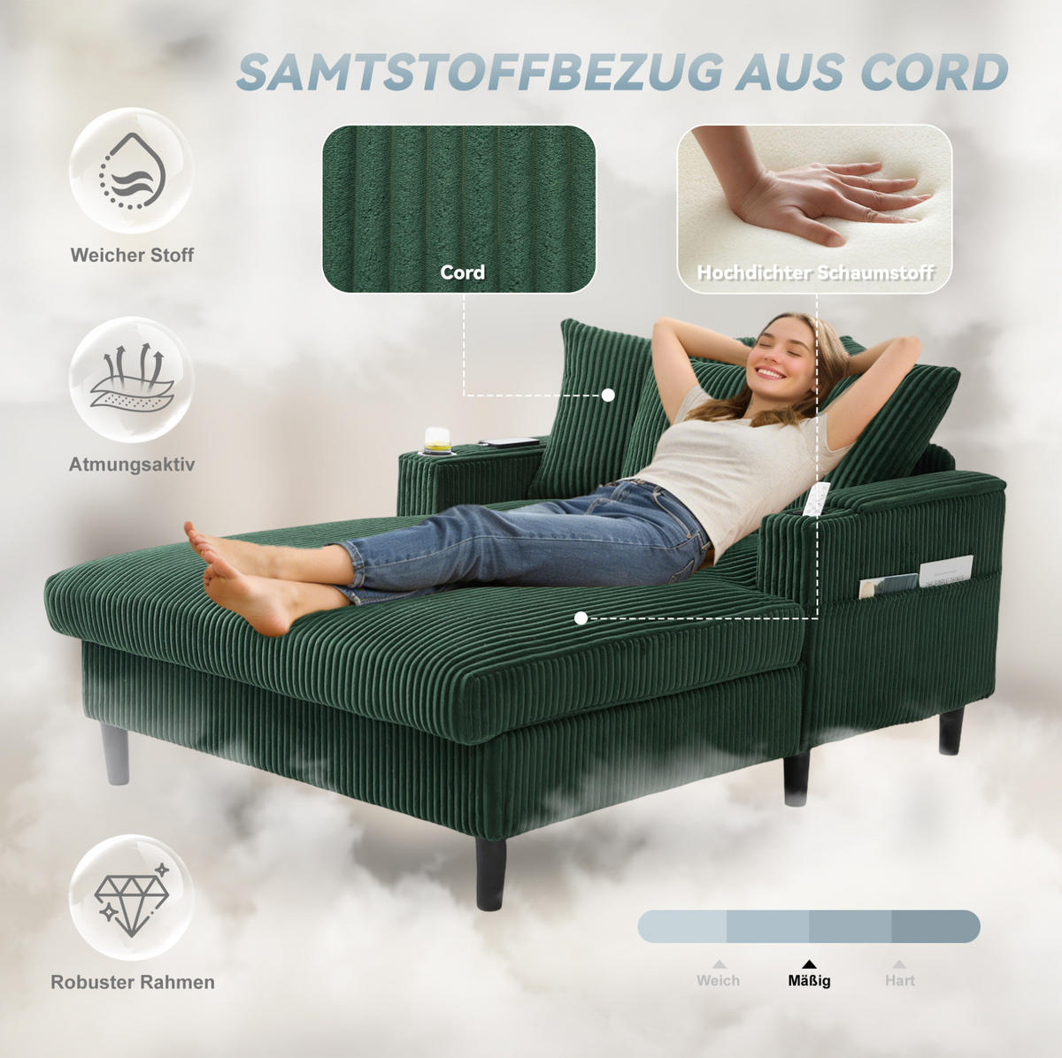 CHAISELONGUE 170/129/70 cm aus Cord mit LED-Beleuchtung, USB-Anschluss, Stauraum und 2 Becherhaltern, Smaragdgrün - Smaragdgrün, Textil (170/70/129cm) - Redom