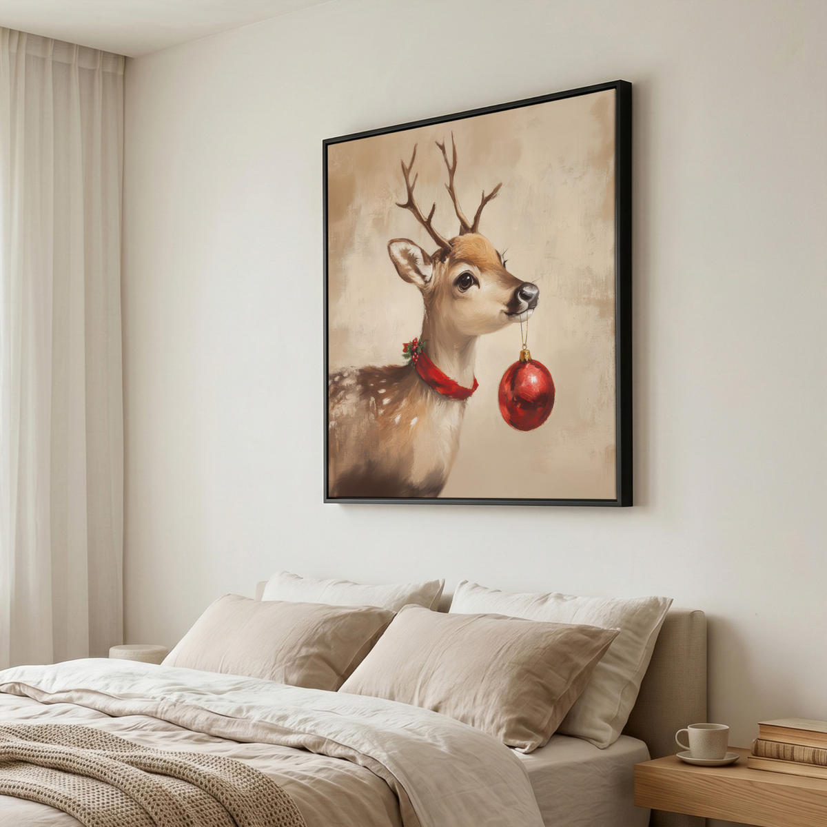 LEINWAND Bilder mit Rahmen - Weihnachten - Hirsch - Geweih - Weihnachtskugel - Rentier - 90x90 - Hellbraun, Textil (90/90cm) - MuchoWow