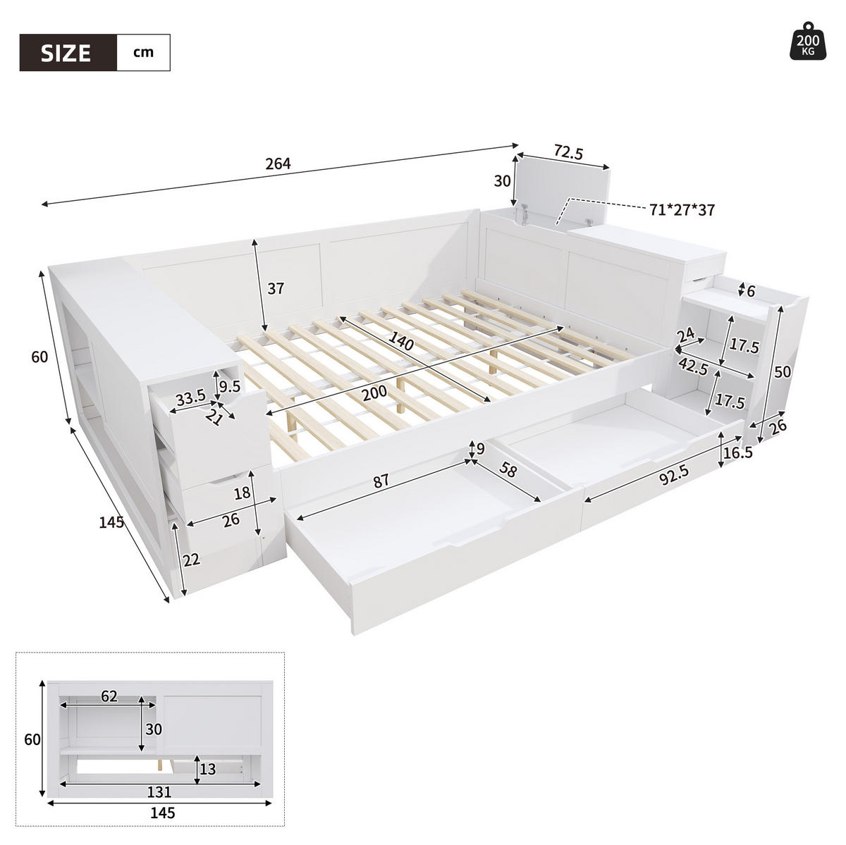 KINDERBETT 140/200 cm aus MDF mit Schublade, Schränken, Nachttisch und Lattenrost, Weiß - Weiß, Holzwerkstoff (140/200cm) - Redom
