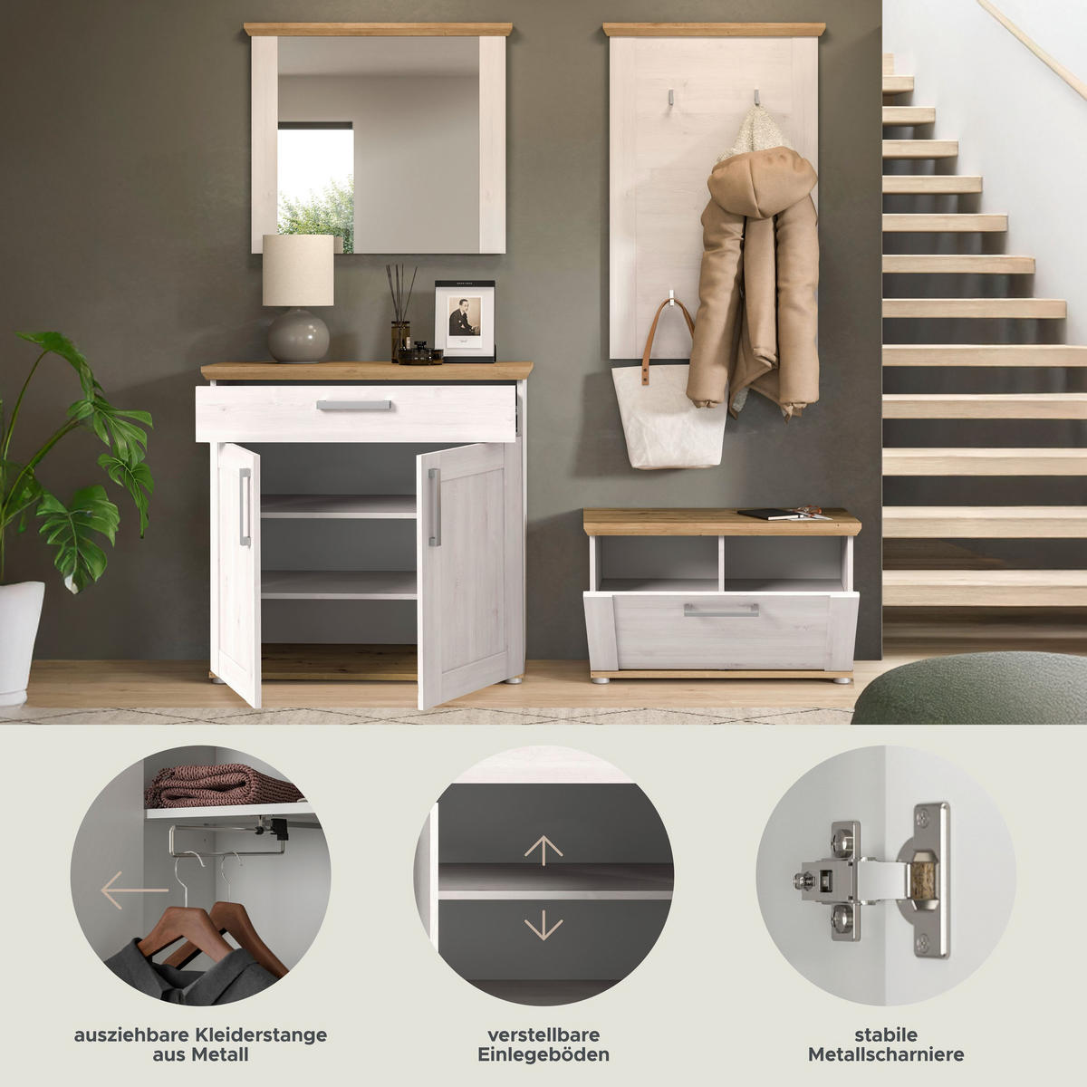GARDEROBEN Set Verona 190x196x39 cm Sibiu Lärche Weiß 4tlg. - Lärchefarben, Holzwerkstoff (183/194/37cm)