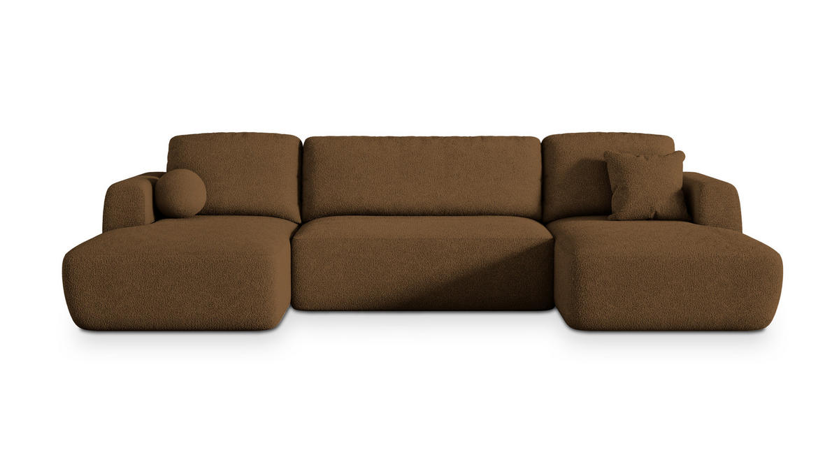 WOHNLANDSCHAFT SENTUM N Braun Boucle-Stoff mit Schlaffunktion - Braun, Holz (330/90/148cm) - MASSENO