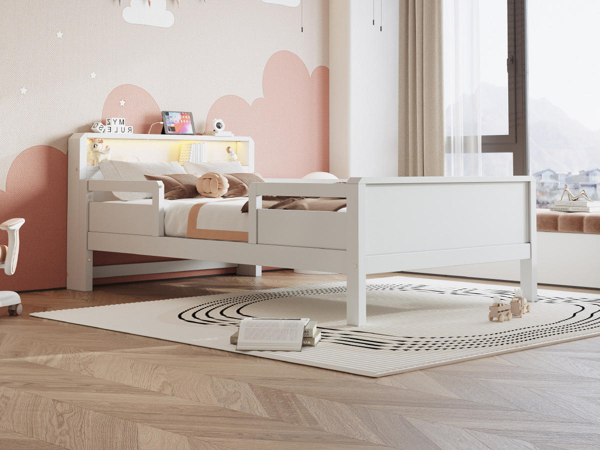 KINDERBETT 90/200 cm Weiß aus Kiefernholz mit LED-Leuchte und Ablagefach - Weiß, Holz (90/200cm) - OKMYHOME