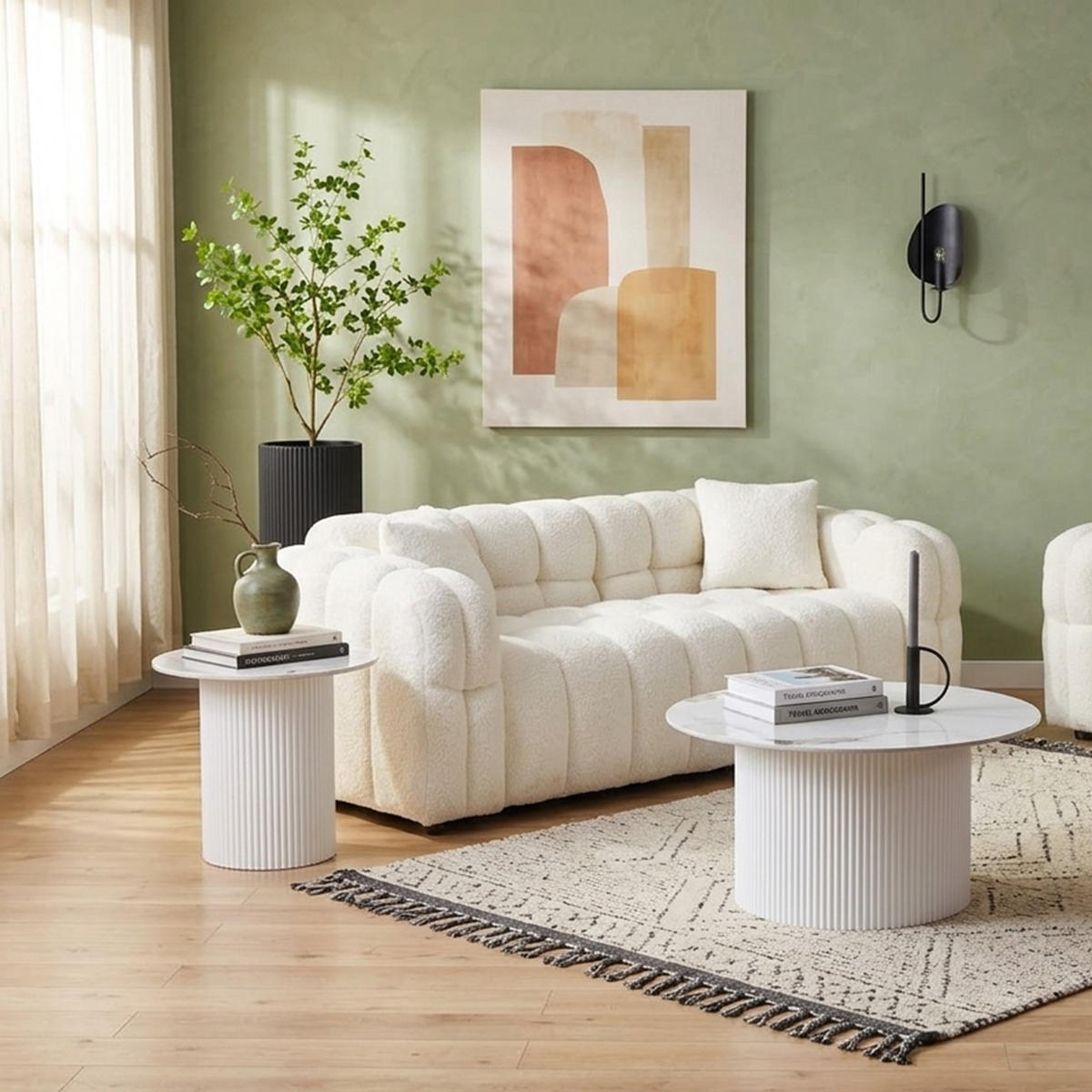 COUCHTISCH-SET Keramik rund 2-tlg. Trommelgestell Weiß 80 & 60 cm - Weiß, Keramik/Metall (80/80/46cm) - HOOZ
