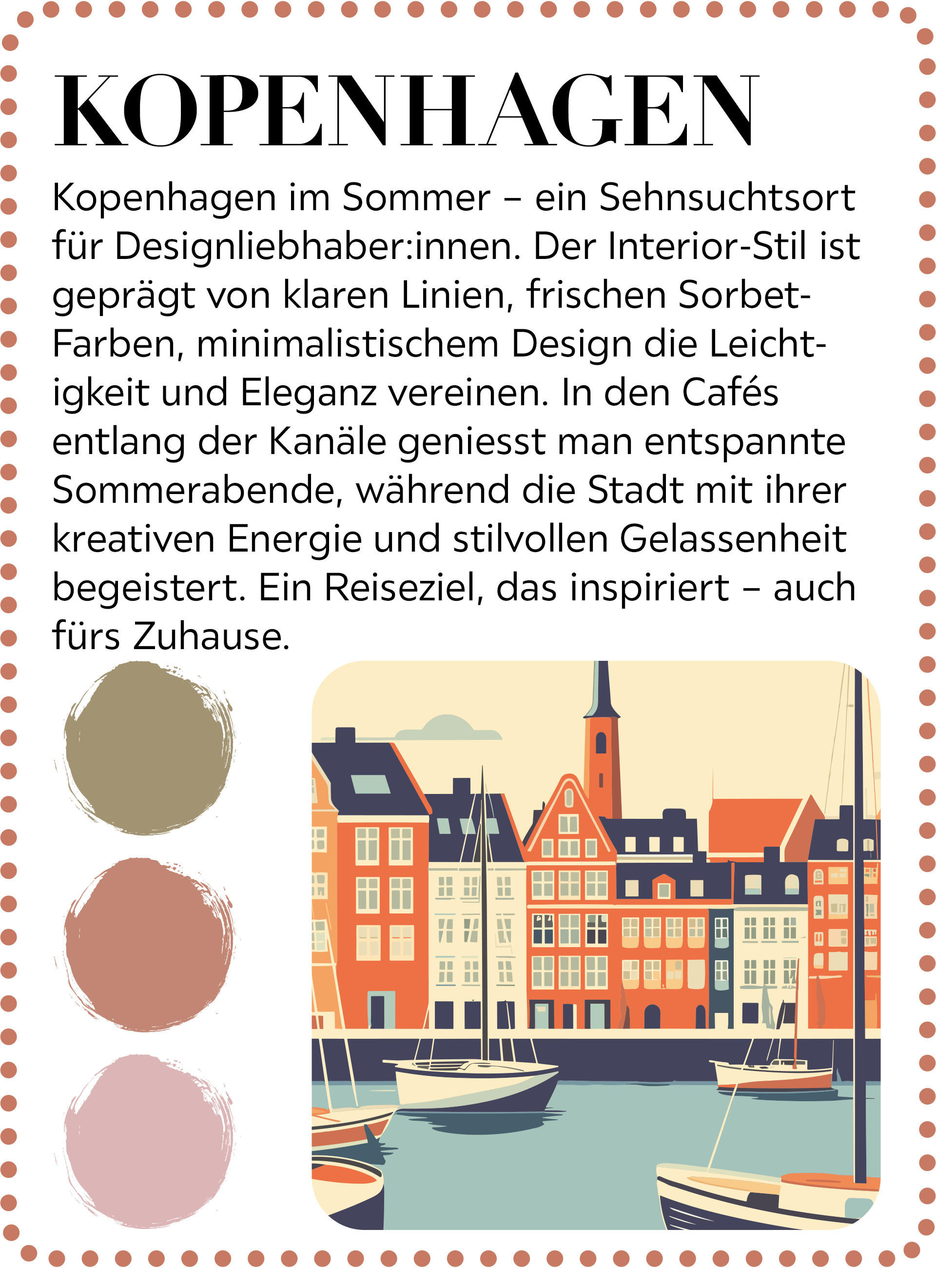 Illustration von Kopenhagener Kanälen mit bunten Häusern und Booten, inspiriert von klarem, minimalistischem Design und frischen Sorbetfarben.