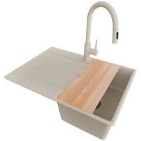 GRANITSPÜLE Kopenhagen, 2-er set Beige 70/50 cm 1 Becken + Küchenarmatur 40/20 cm + Ablauf-Set + Schneidebrett ab 40er Unterschrank - Chromfarben/Beige, Kunststoff (70/20/50cm) - Primagran