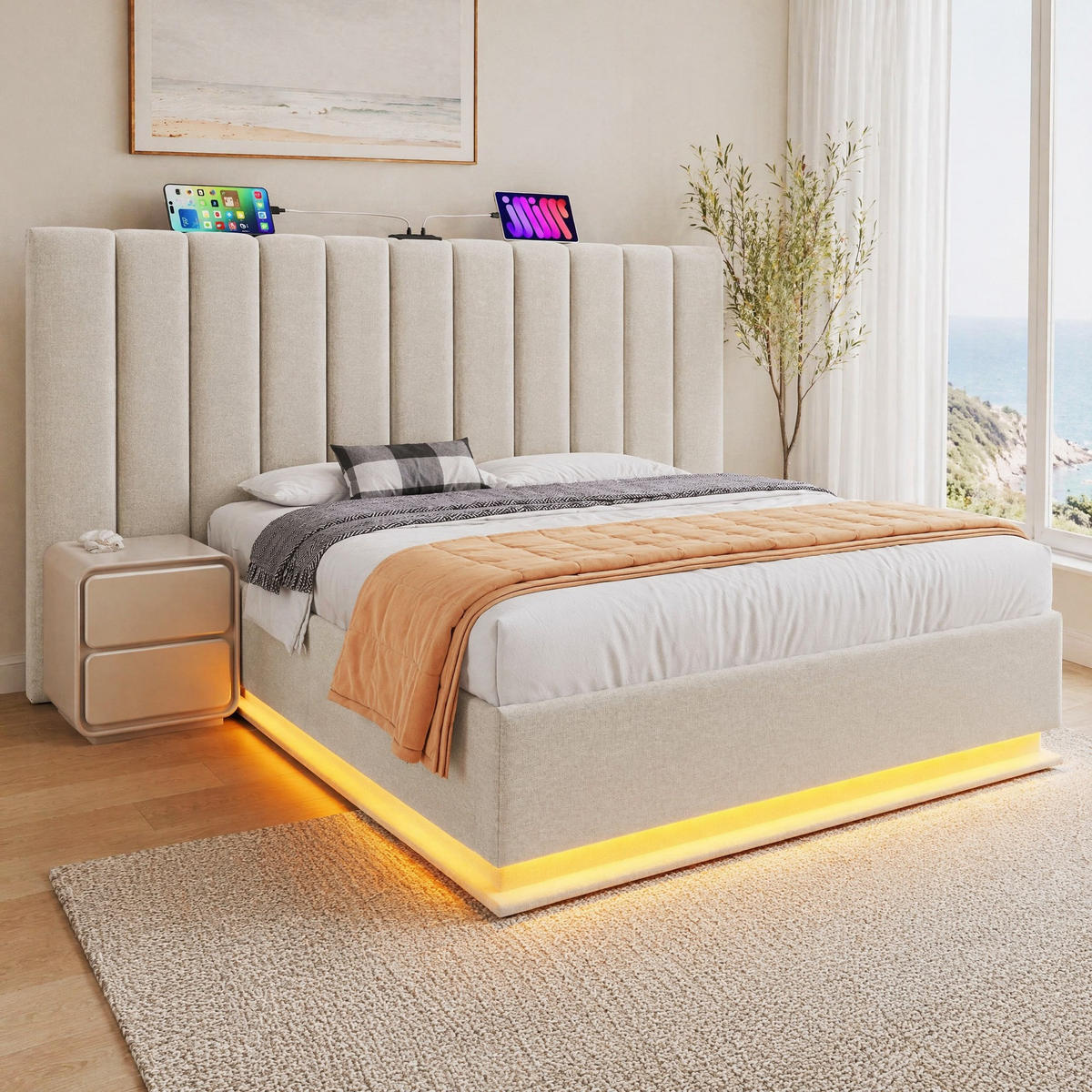 POLSTERBETT 160/200 mit Bettkasten, LED und USB in Beige - Beige, Holzwerkstoff/Textil (160/200cm) - EVRYAE