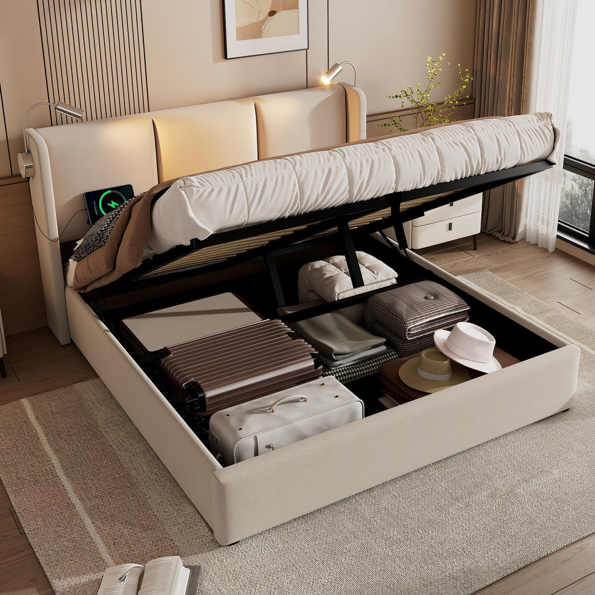 POLSTERBETT mit Bettkasten 160/200 cm mit Leselicht & USB, Beige - Beige, Textil (160/200cm) - BEAOK