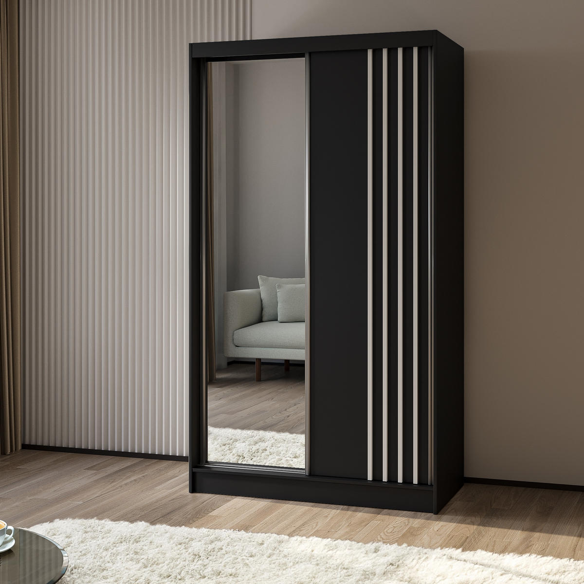 SCHWEBETÜRENSCHRANK NELVIA 120/216/61 cm 2-türig mit Spiegel Schwarz - Schwarz, Holzwerkstoff (120/216/61cm) - MASSENO