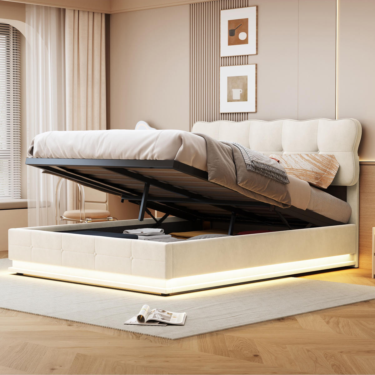POLSTERBETT 140/200cm, mit LED, hydraulischem Stauraum, Lattenrost, gepolstertem Bett aus Samt, Beige - Beige, Holzwerkstoff (140/200cm) - Brevoria