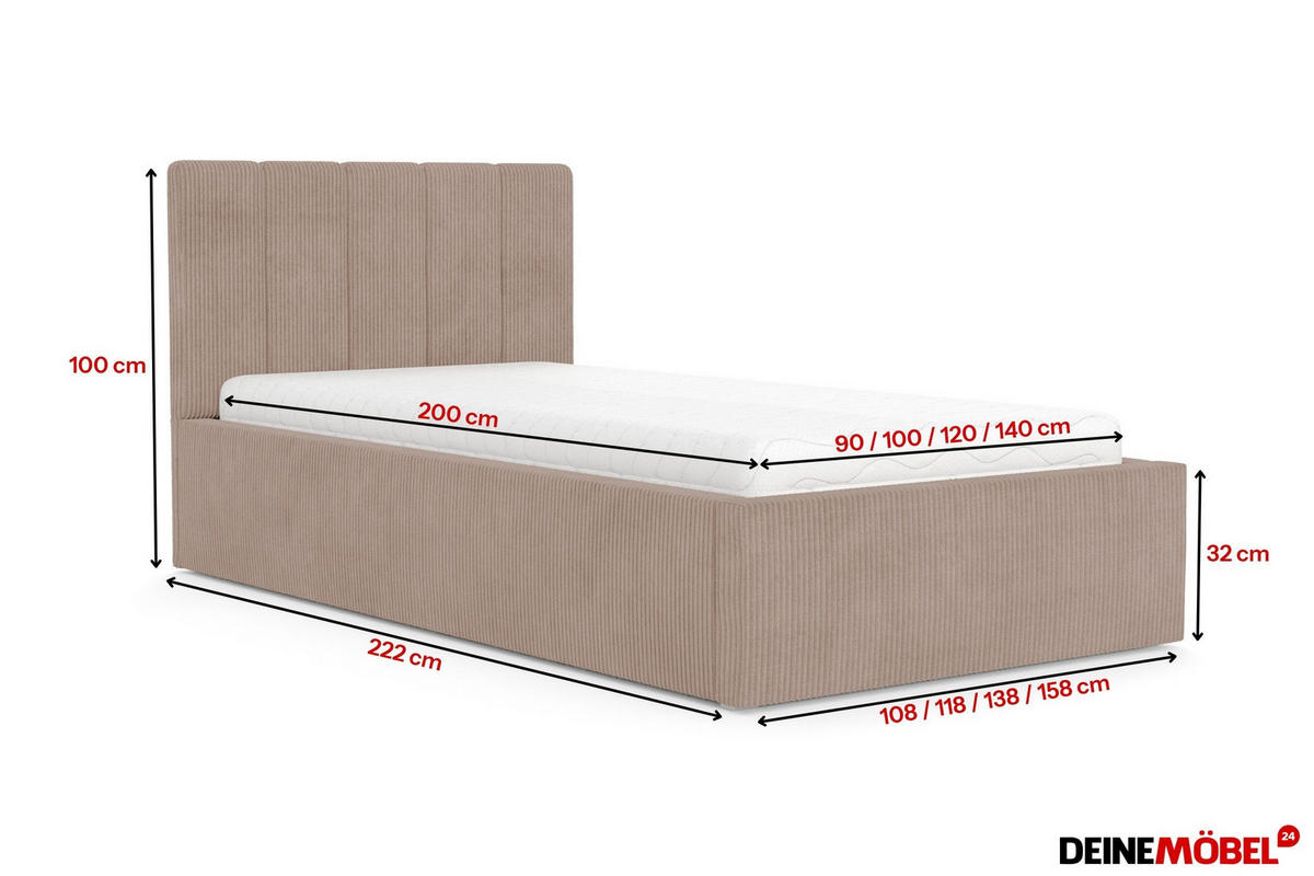 POLSTERBETT BELLA 90/200 cm in Cord Beige - Beige, Holz/Holzwerkstoff (90/200cm) - Deine Möbel 24