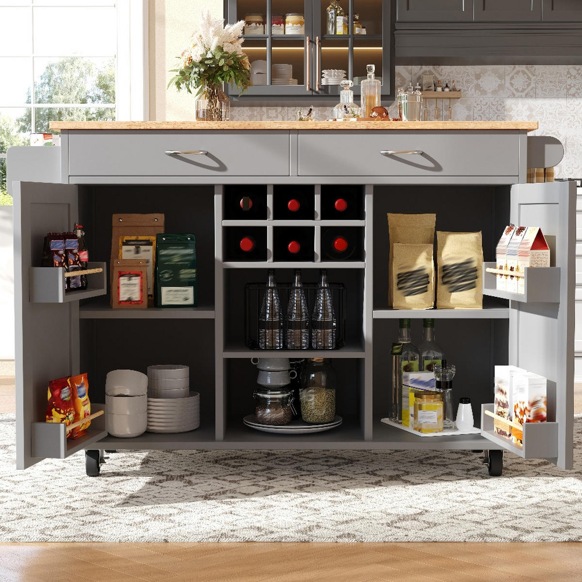 KÜCHENINSEL MIT ROLLEN, Multifunktionaler Buffetschrank, MDF/Metall, Grau-Holzoptik, Küche & Esszimmer, 102/45/92 cm - Grau, Kunststoff (45/92/102cm) - Rolipo