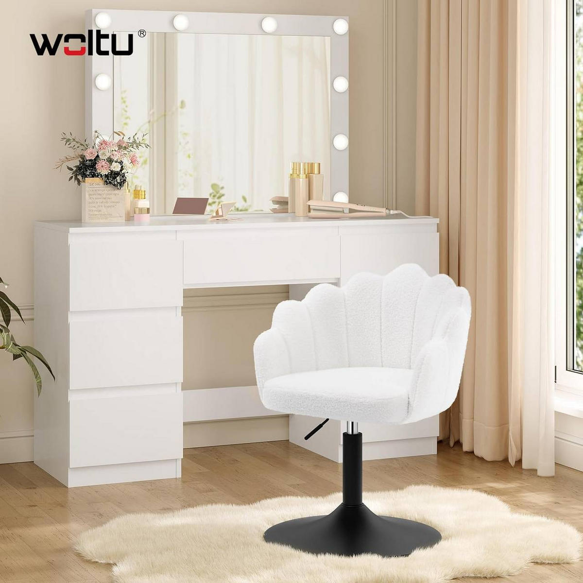 DREHSTUHL, Blumenform, Boucle-Stoff, Schminkstuhl, Weiß - Schwarz/Weiß, Textil/Metall (55/67/50cm) - Woltu