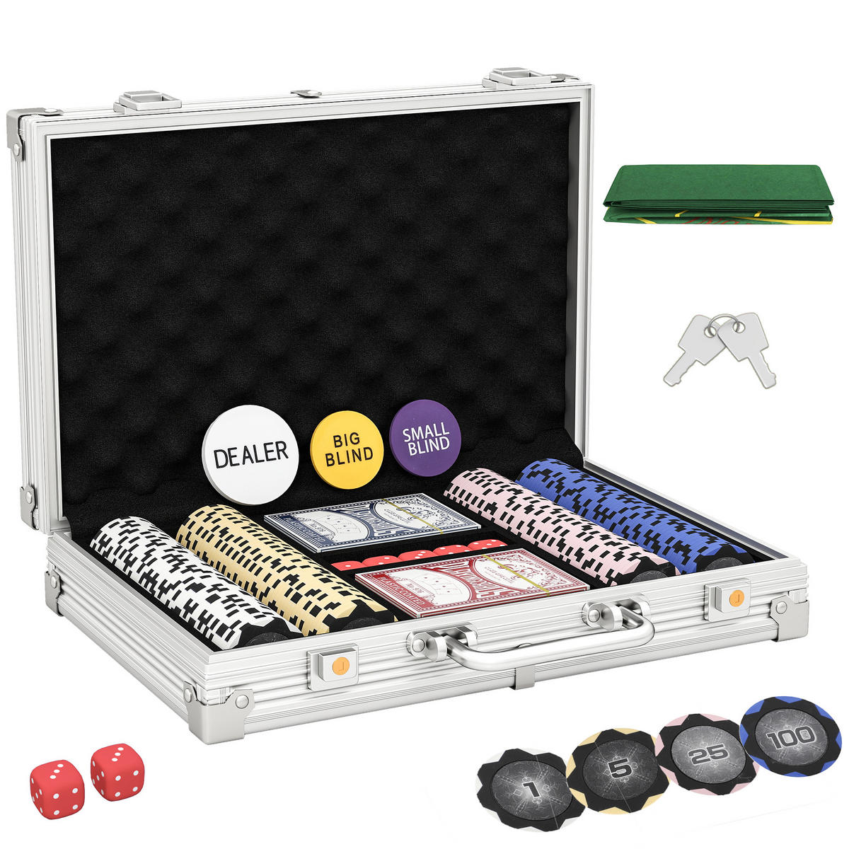 POKERCHIPS-SET DE-10860 200 Chips mit Koffer & 2 Kartendecks Silber - Silberfarben, Metall (22.5/29.5cm) - ComfortXL