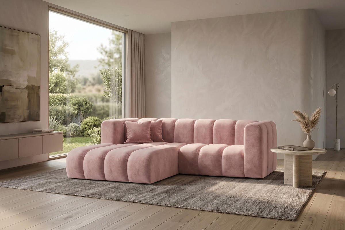 ECKSOFA Modulares In L-Form, Velvet-Stoff Riviera, Hellrosa, Links, GRAND - Hellrosa, Holz (227/179cm) - Kaiser Möbel