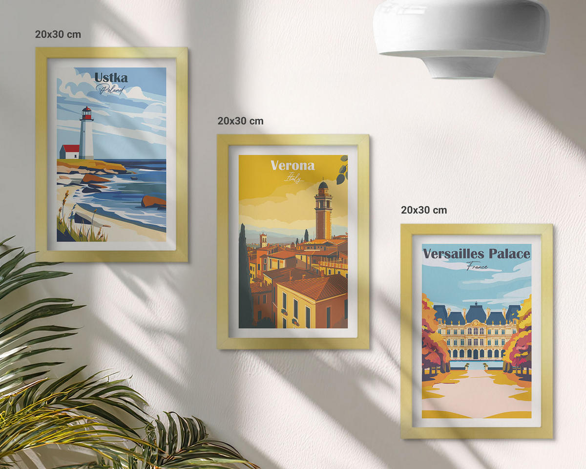 WANDBILDER 3er Set - 20x30 cm Goldrahmen - Ansichten von Orten am Meer und von Städten - Goldfarben, Kunststoff (20/30cm) - ArtPrintCave
