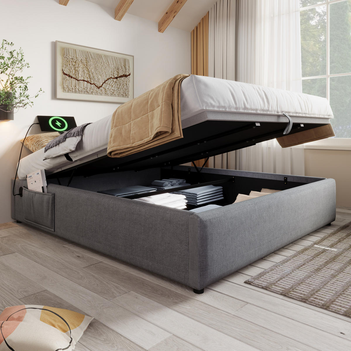 POLSTERBETT 160/200 cm mit USB-C, hydraulischem Stauraum und Voll -Bettboden aus Baumwoll-Leinen, Grau - Grau, Textil (160/200cm) - Redom