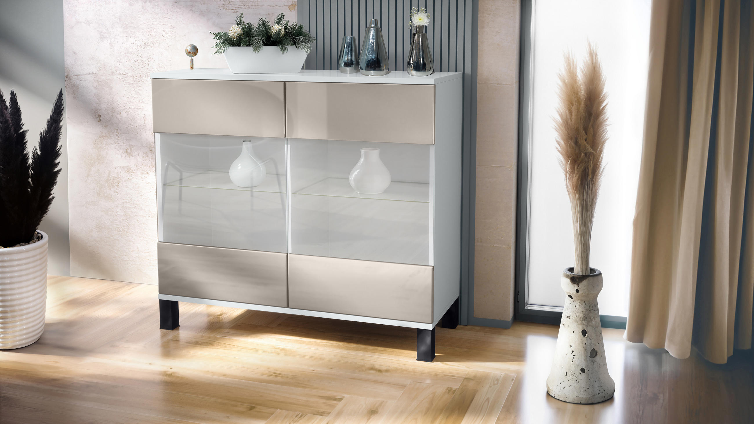 KOMMODE Bari Sandgrau Hochglanz - Sandfarben, Holzwerkstoff (92.5/84.5/35cm) - Vladon