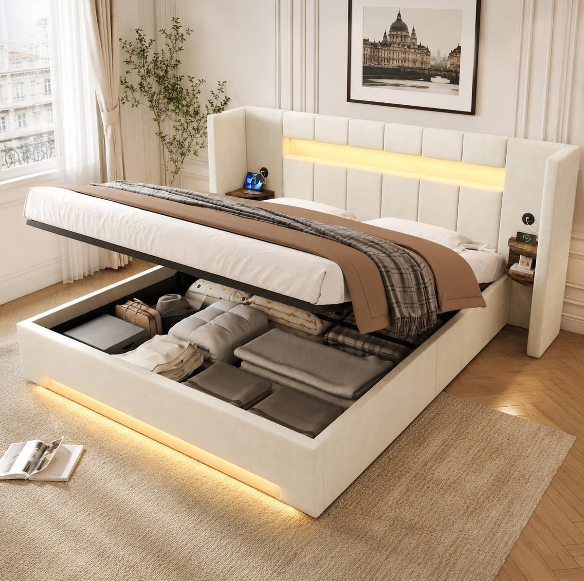 BETT mit Stauraum und USB 160x200 cm Samt Beige - Beige, Metall (160/200cm) - Meubliv