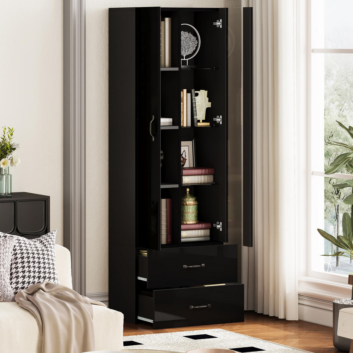 VITRINE DE-37802 mit LED-Beleuchtung und 2 Türen Schwarz - Schwarz, Holzwerkstoff (59.5/182/35cm) - ComfortXL