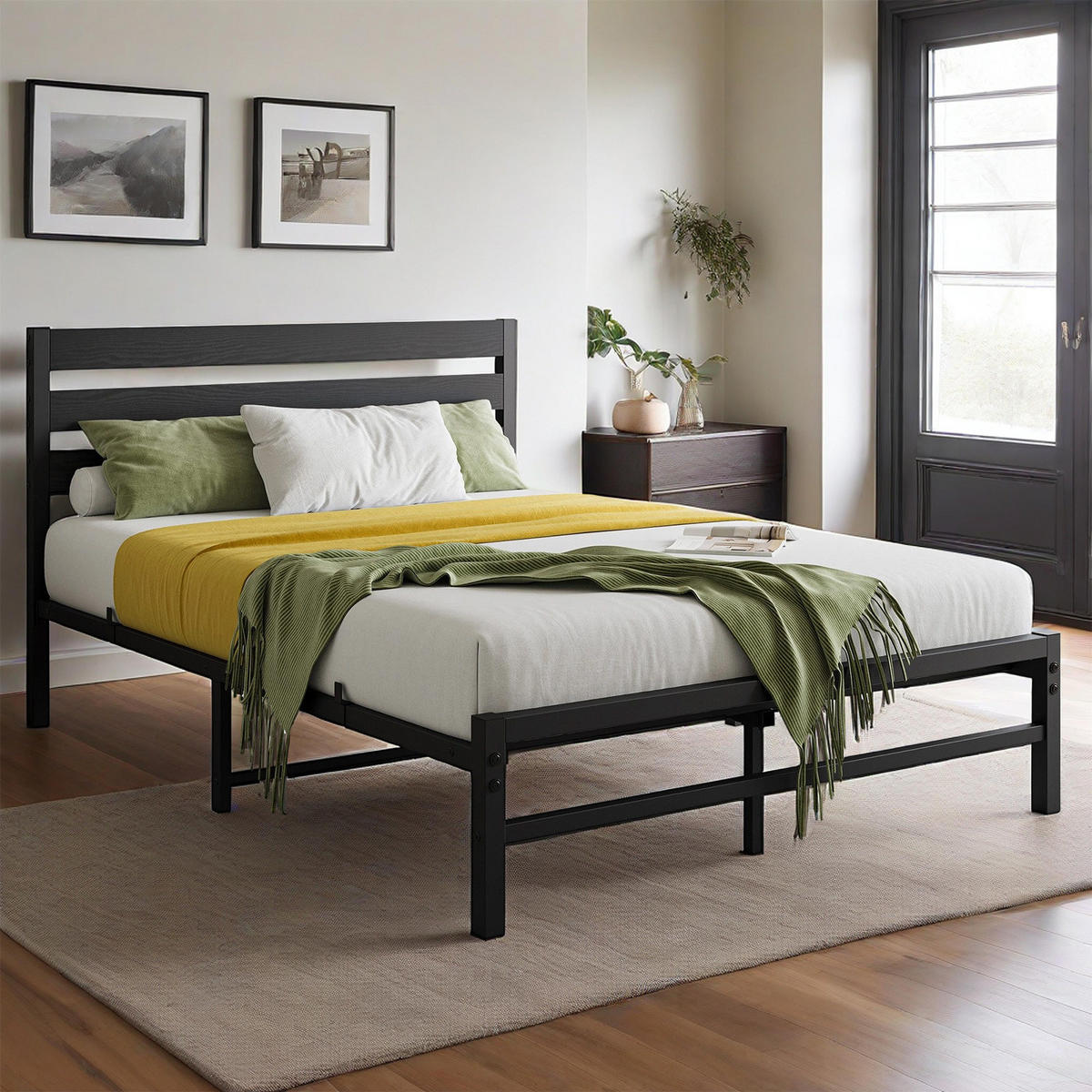 METALLBETT 90x200 cm Schwarz mit komfortablem Kopfteil, stabiler Konstruktion - Schwarz, Metall (90/200cm) - Modfu