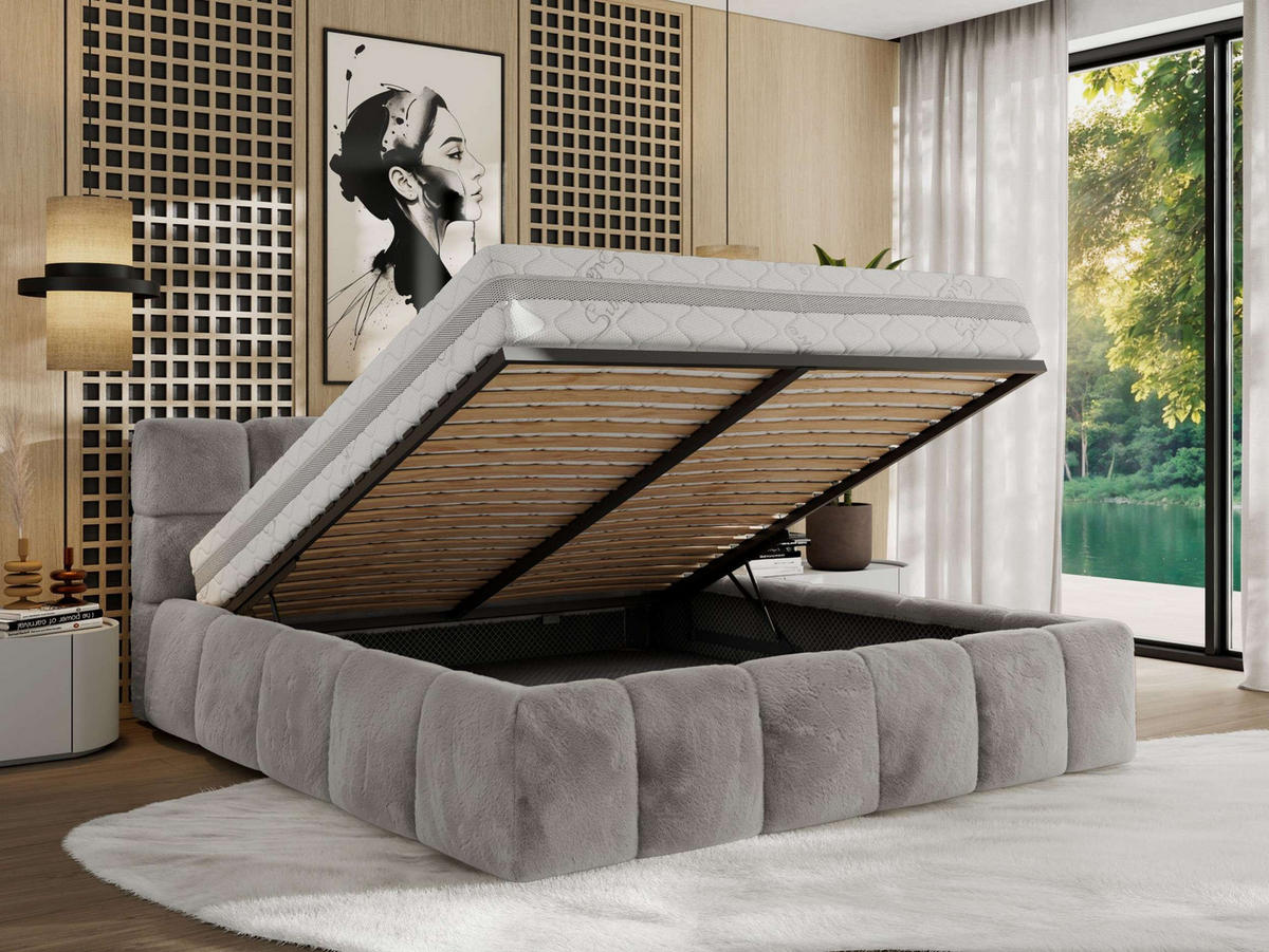 POLSTERBETT NIRA CLASSIC 180/200 - Hellgrau Plüsch - Schaum-Matratze - Hellgrau, Textil (180/200cm) - MKS