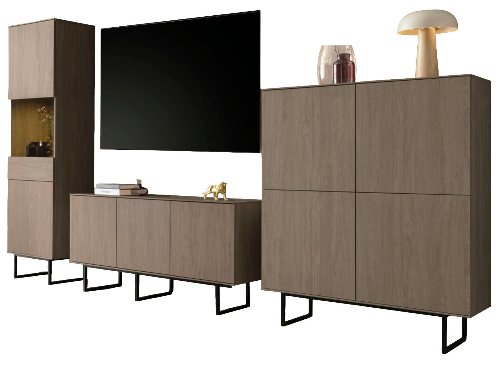 WOHNWAND in Nussbaum 3-teilig 353 cm, Komplett-Set mit Push-to-Open - Nussbaumfarben/Schwarz, Holzwerkstoff/Metall (353/200/40cm) - Furn.Design
