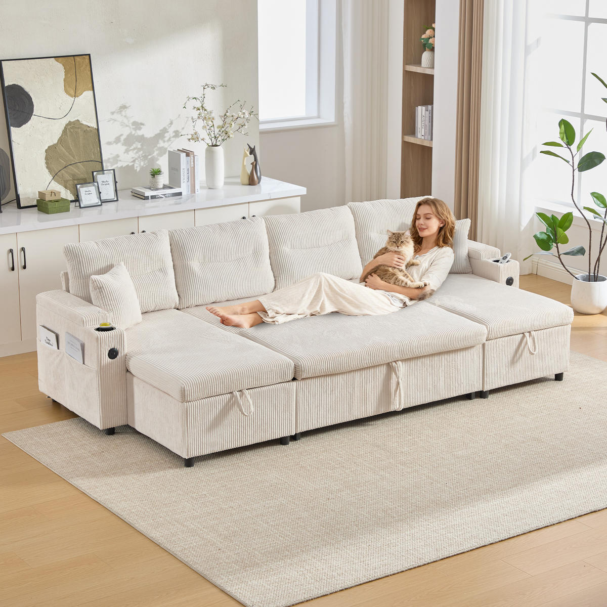 4-SITZER SOFA Cord Beige mit Stauraum, USB-Type-C und Getränkehaltern - Beige, Holzwerkstoff/Textil (272/86/136cm) - WISHDOR