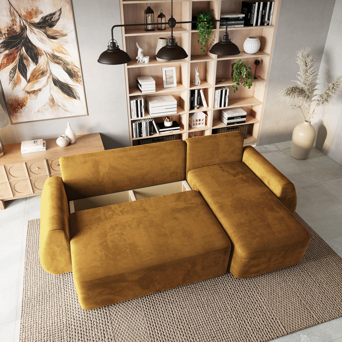 ECKSOFA GALVIS Gelb Velours-Stoff mit Schlaffunktion - Gelb, Holz (256/156cm) - MASSENO