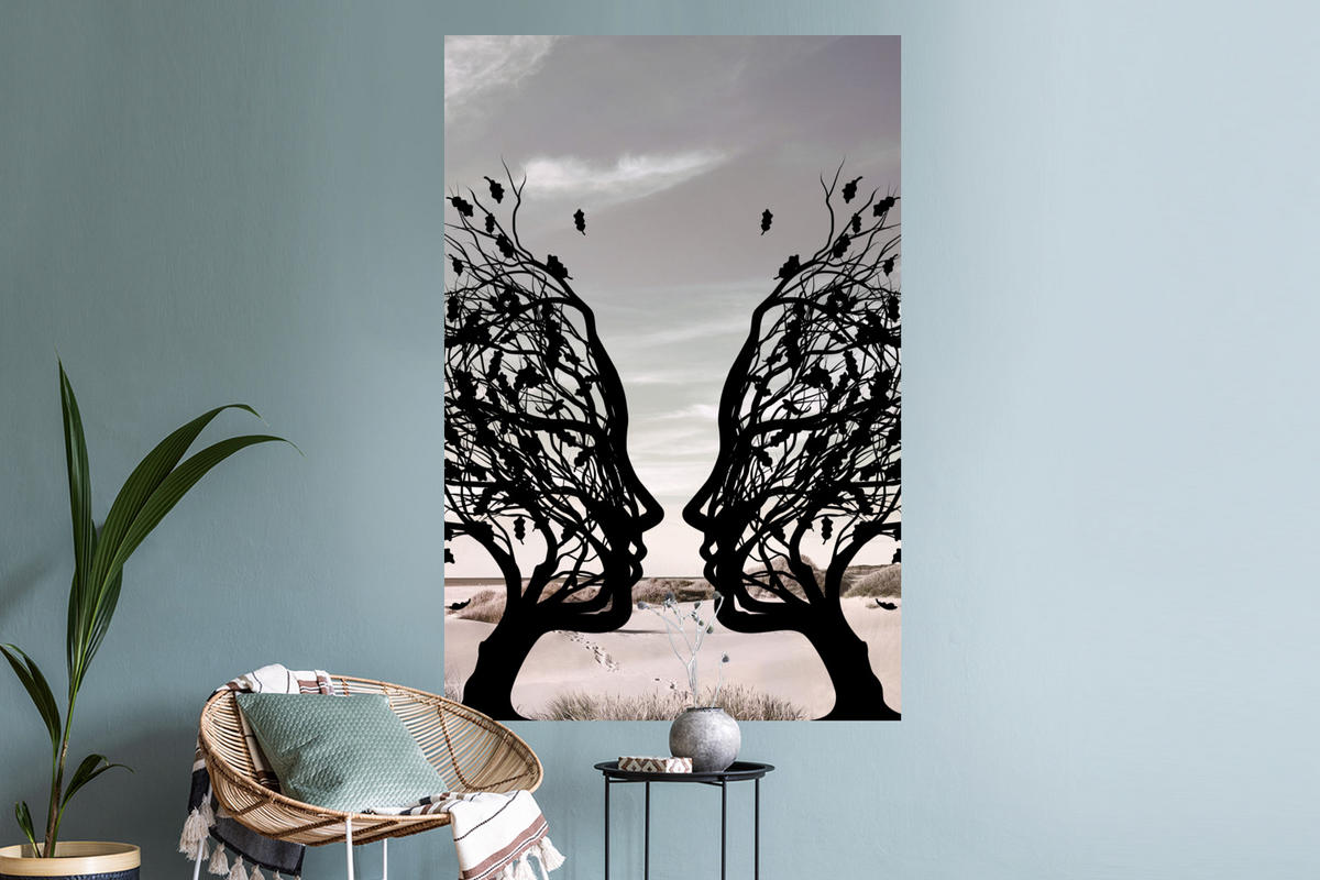 WANDTATTOO Strand - Meer - Menschen - Baum - Moderne Kunst 80x120 cm - Hellgrau, Kunststoff (80/120/0.1cm) - MuchoWow