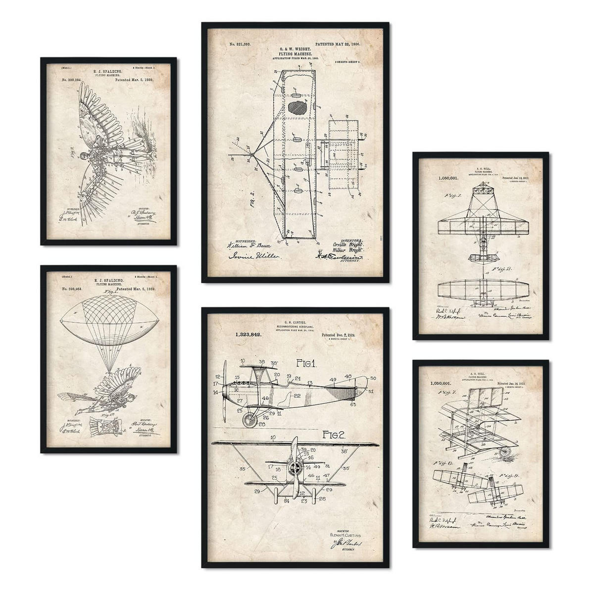 POSTER Set Mit 6 Plakaten Mit Flugzeug Patenten Im Vintage Stil A3 & A4 Schwarzer Rahmen - Schwarz, Papier (29/3cm) - Nacnic