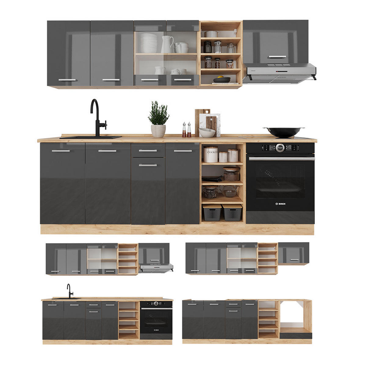 KÜCHENZEILE R-Line Anthrazit Hochglanz/Goldkraft Eiche 240 cm AP Eiche - Anthrazit/Eiche Wotan, Holzwerkstoff (240/81.6/60cm) - Vicco
