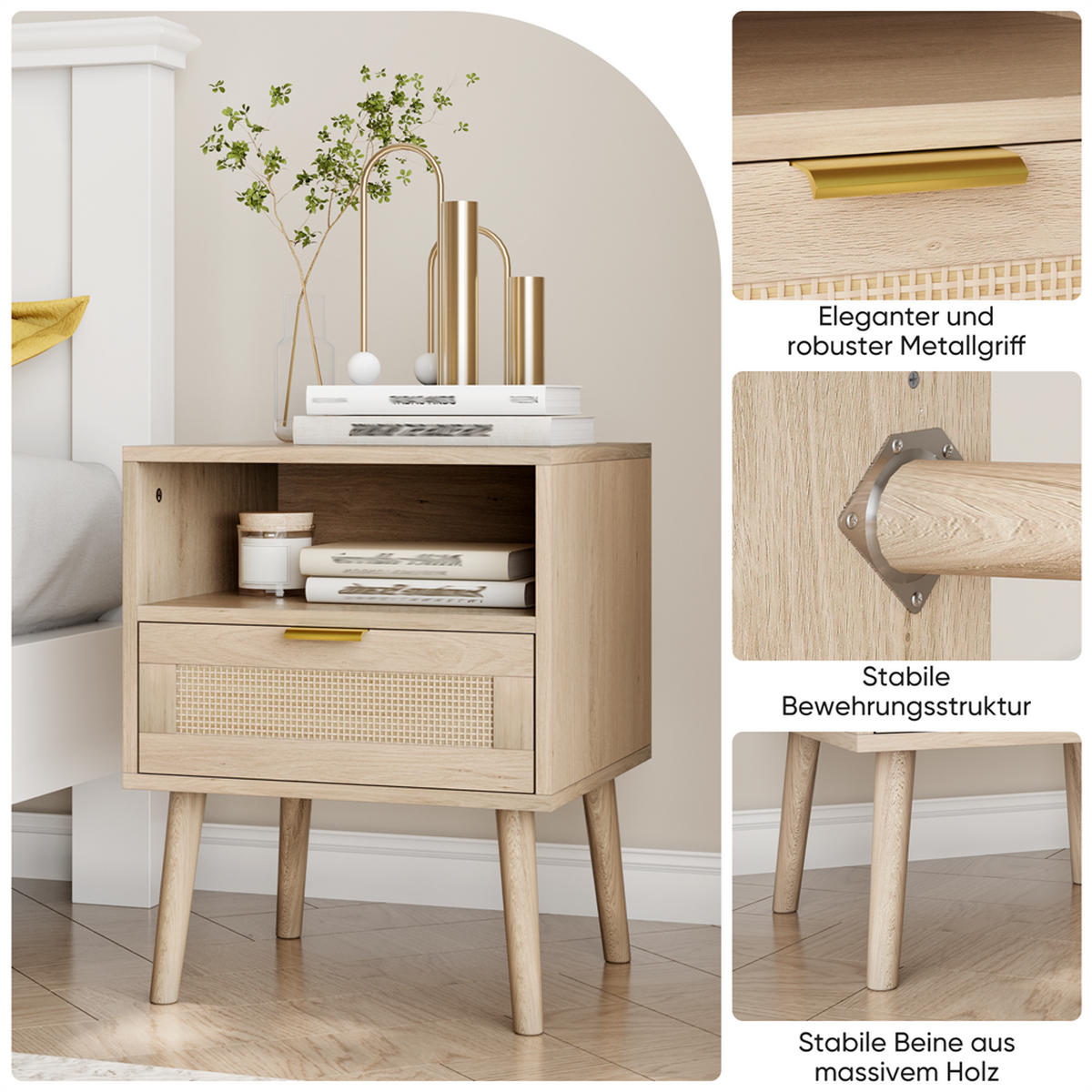 NACHTTISCH mit offenem Regal und 1 Schublade - Nachttisch aus Rattan mit Goldgriff - 45 x 40 x 55 cm - Eichefarben, Holzwerkstoff (45/55.5/40cm) - DELFA