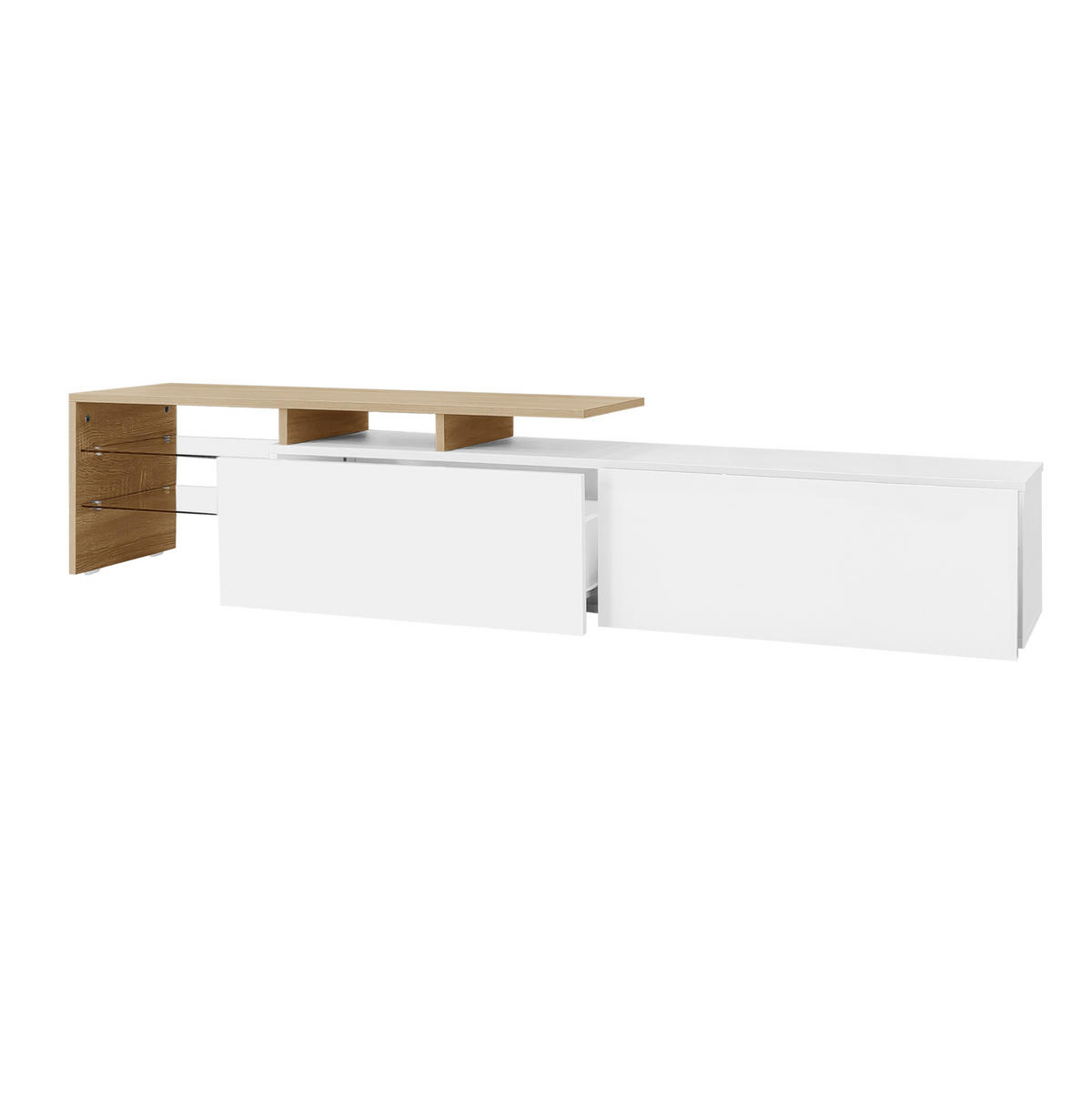 TV komoda, 170/33/33,5 cm, biela/prírodná, drevotrieska s LED osvetlením - biela, kompozitné drevo (170/33.5/33cm) - BEAOK
