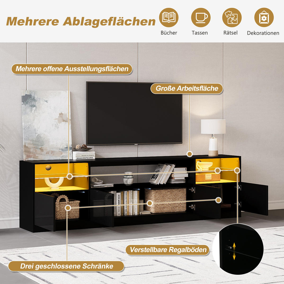 TV-SCHRANK LED Schwarz Hochglanz 4 Türen 8 Fächer 75 Zoll 180cm - Schwarz, Holzwerkstoff (180/60/35cm) - FLIEKS