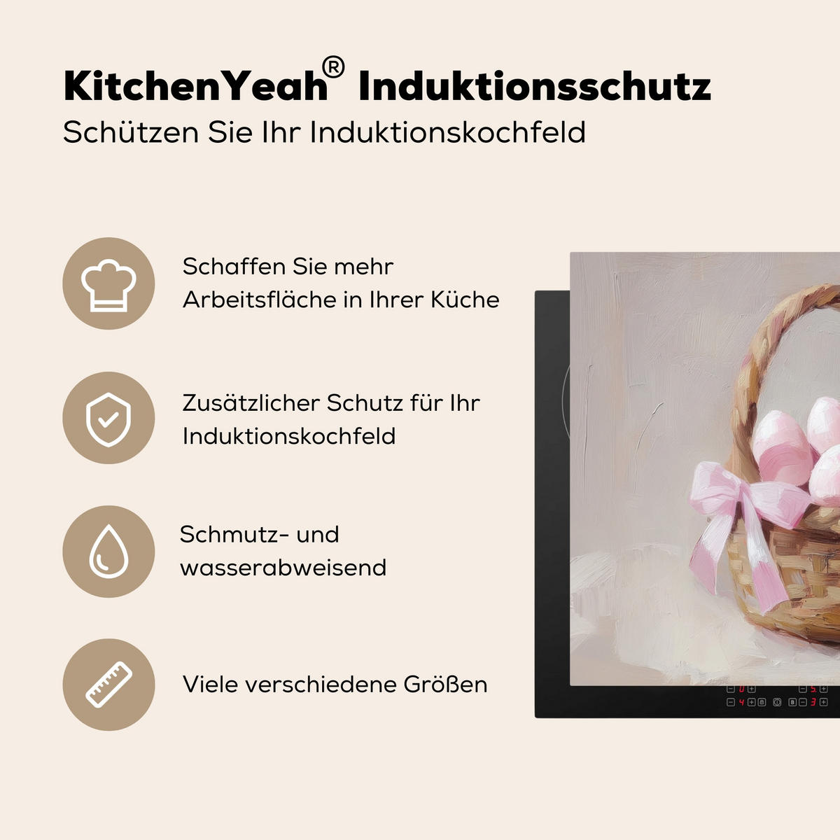 HERDABDECKPLATTE Korb - Eier - Rosa Abdeckung Ceranfeld 58.3x51.3 cm - Beige, Kunststoff (58.3/51.3/0.2cm) - MuchoWow
