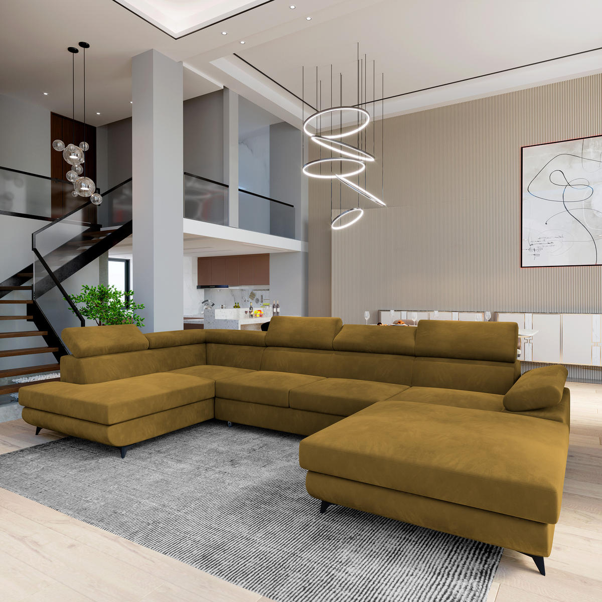 WOHNLANDSCHAFT RUBANO L-S Gelb Velours-Stoff mit Schlaffunktion - Gelb, Holz (339/89/190cm) - MASSENO