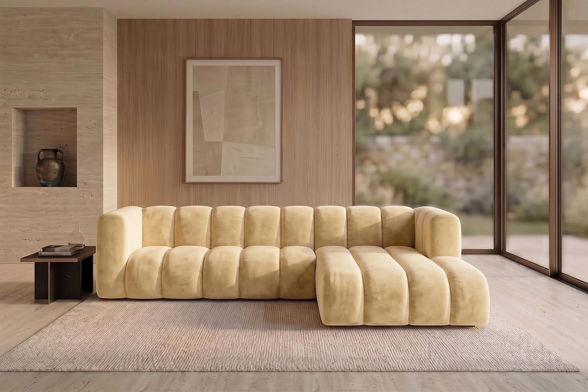 ECKSOFA Modulares In L-Form, Velvet-Stoff Riviera, Buttergelb, Rechts, GRAND 287 cm - Hellgelb, Holz (287/179cm) - Kaiser Möbel
