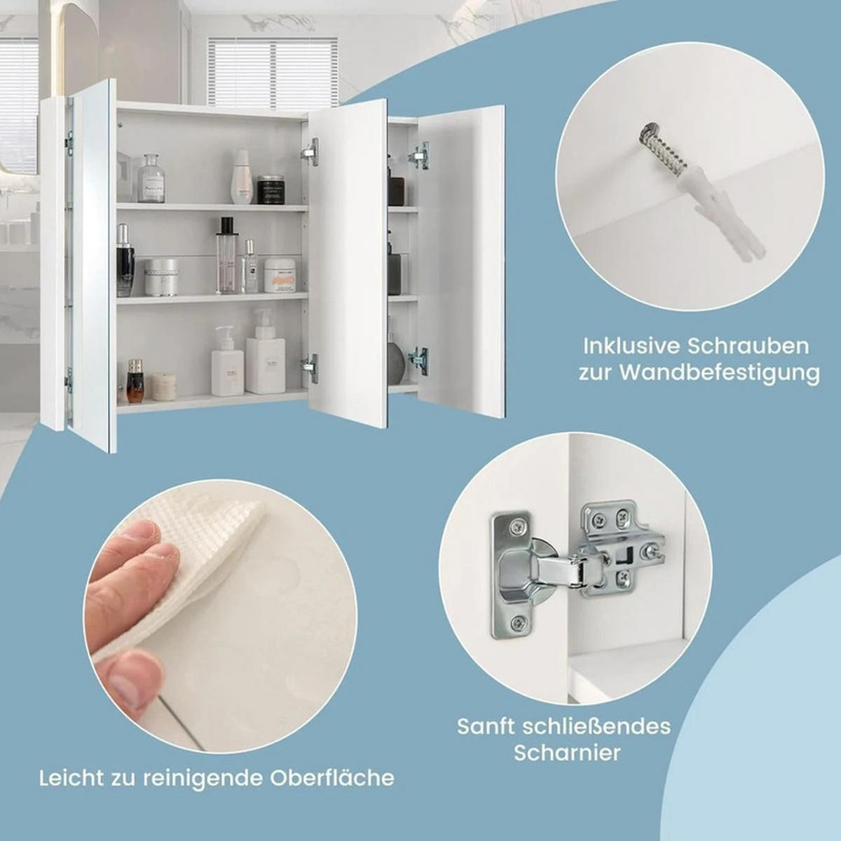 BADEZIMMER-SPIEGELSCHRANK mit verstellbaren Ablagen weiß - Weiß, Holzwerkstoff (90/65/11cm) - COSTWAY