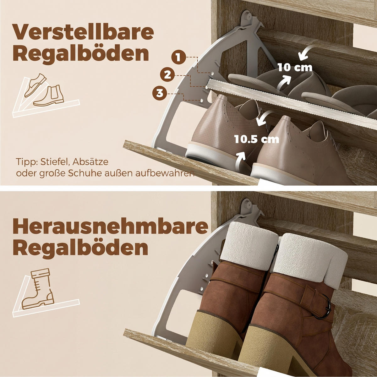 SCHUHSCHRANK MDF Naturholz - Goldfarben/Naturfarben, Holzwerkstoff/Metall (25/123.8/80cm) - HOMCOM