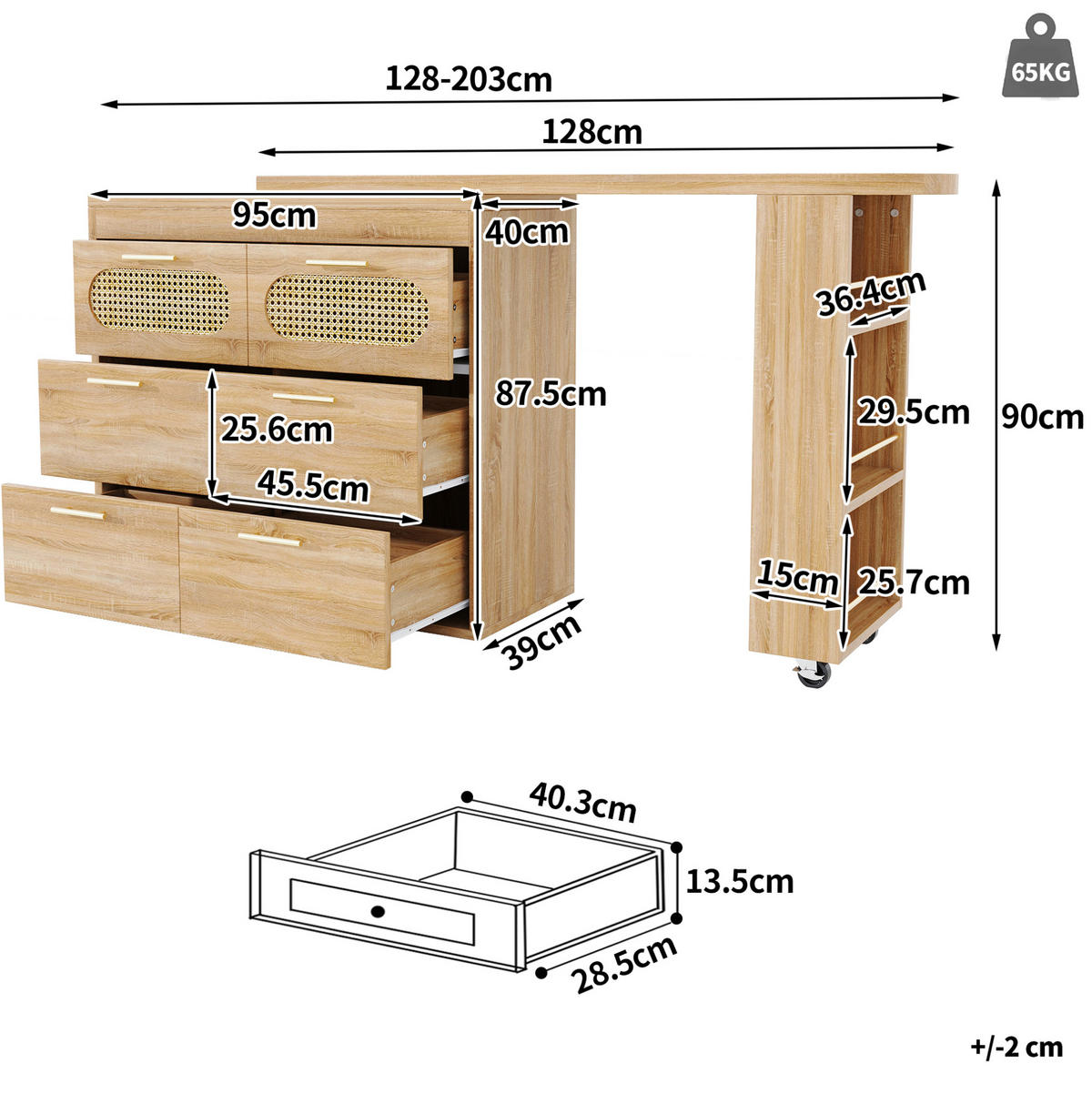 BARTISCH drehbar 128-203 cm Natural MDF/Metall mit 6 Schubladen - Braun, Metall (203/39/90cm) - Meubliv