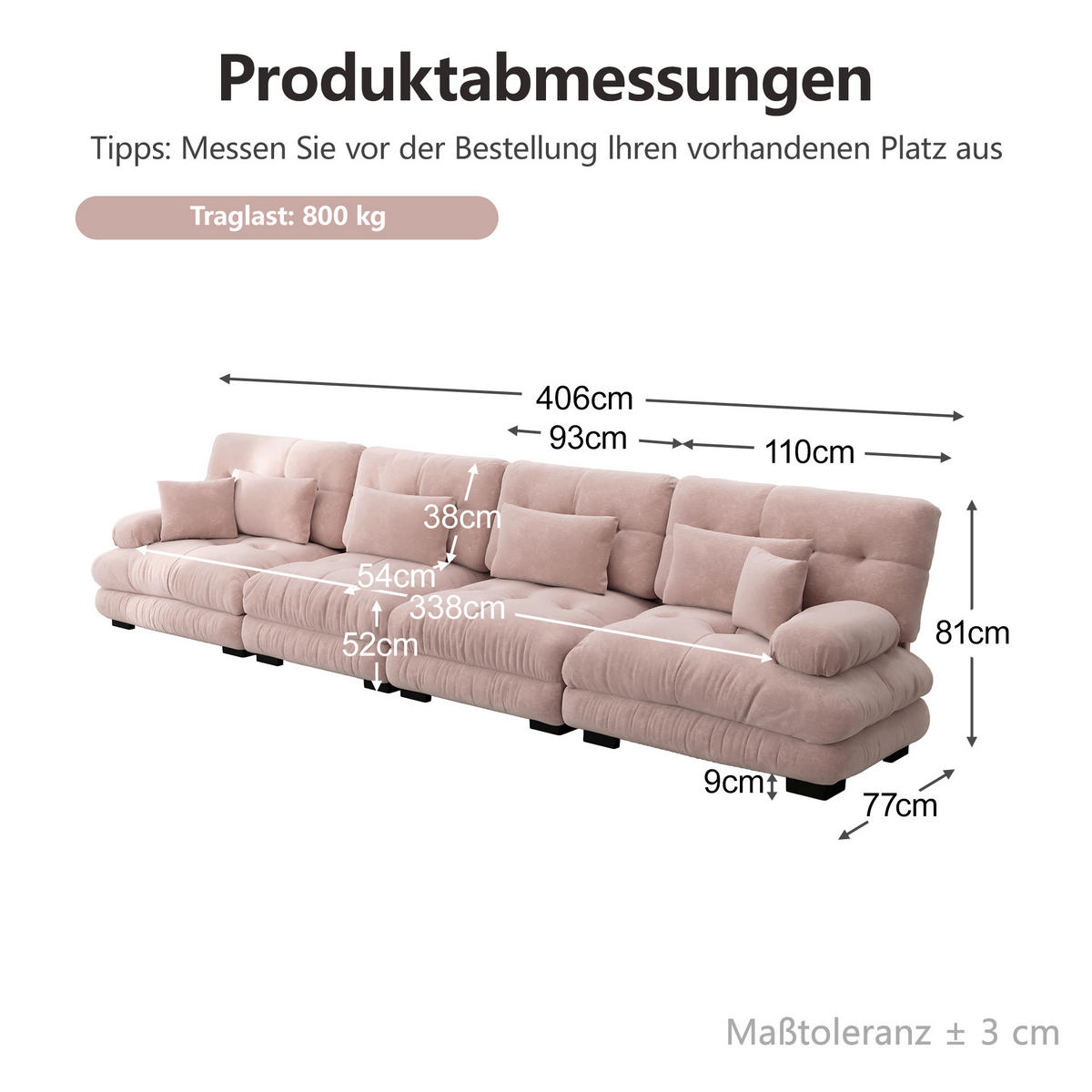 4-SITZER-SOFA DE-34065 modular mit Tiefensitz Rosa - Pink, Holz (77/81/406cm) - ComfortXL