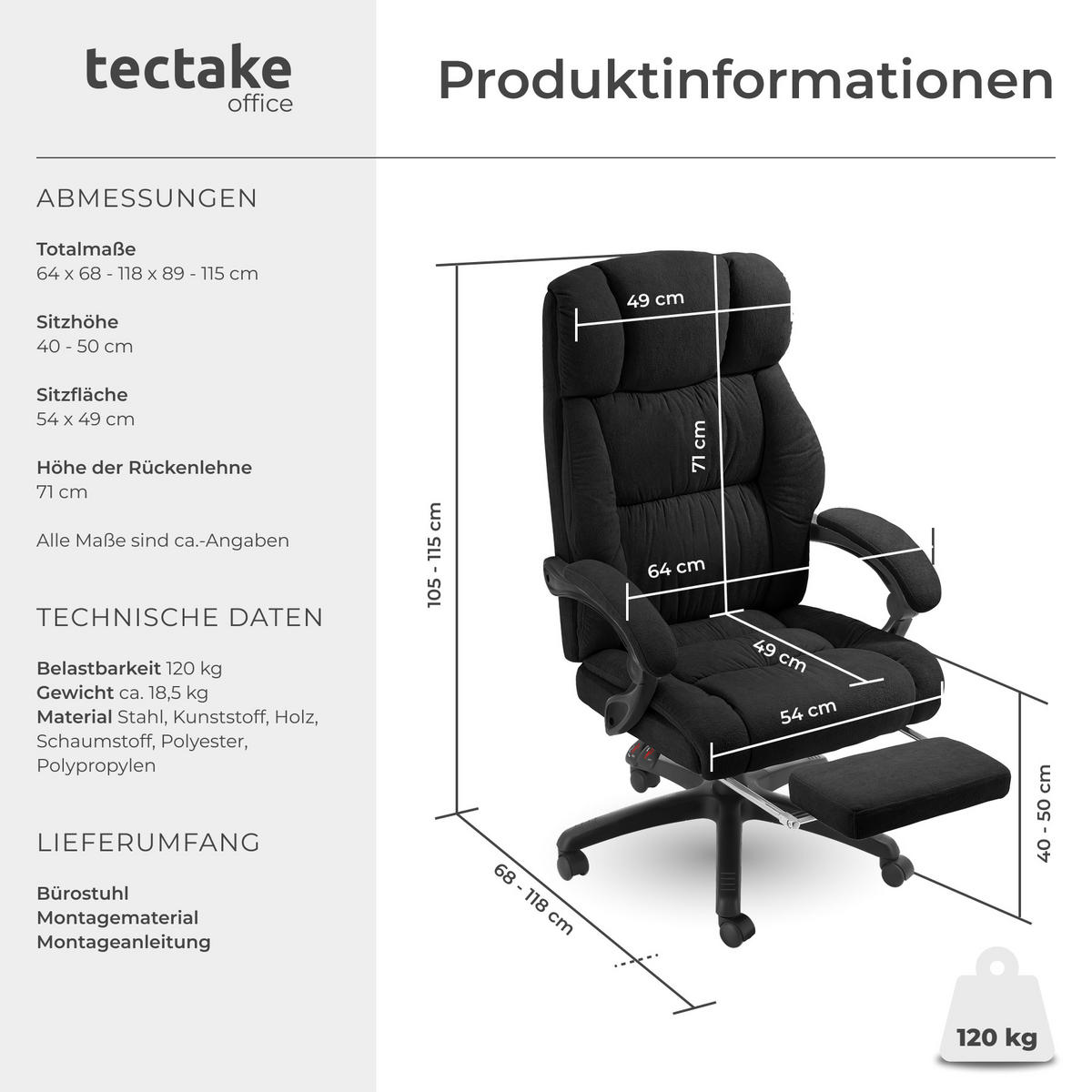 BÜROSTUHL Jillien,Belastbarkeit 120 kg,schwarz - Schwarz, Kunststoff (64/115/118cm) - tectake