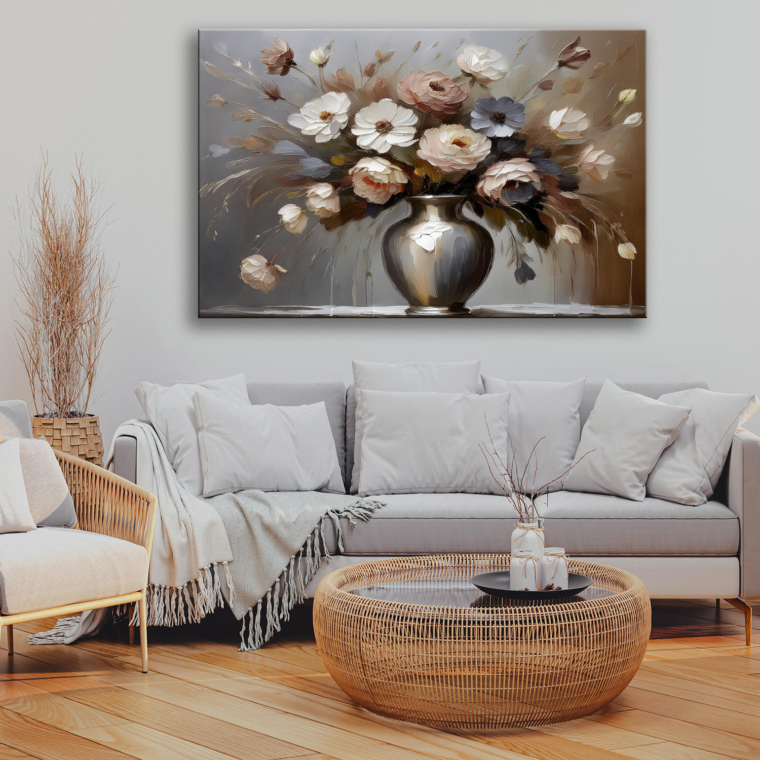 WANDBILD gemalte blumen in einer vase - Grau, Textil (60/40cm) - Feeby