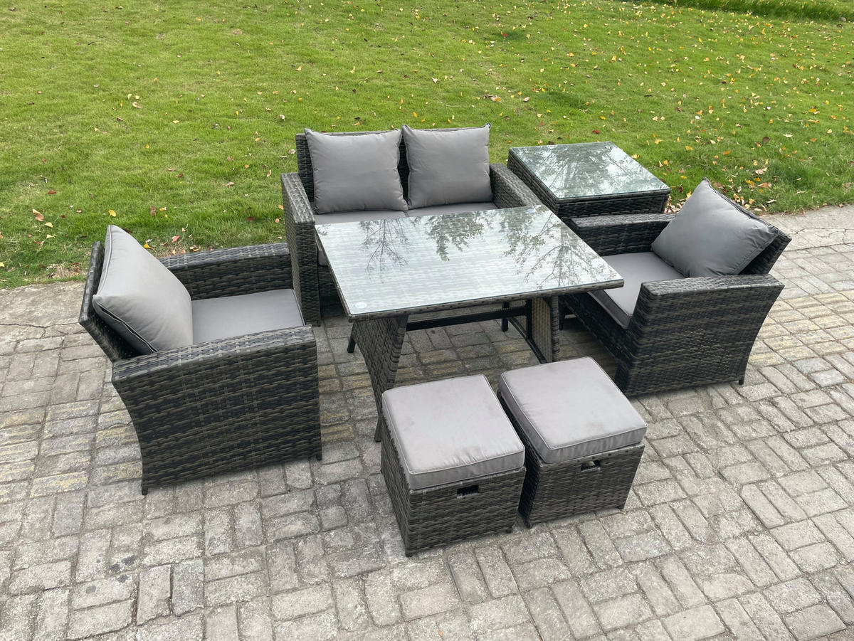 GARTENMÖBELSET mit ESSTISCH,HOCHLEHNER-SOFA Polyrattan Dunkelgrauer Mix 6-Sitzer - Dunkelgrau/Grau, Glas/Kunststoff - Fimous